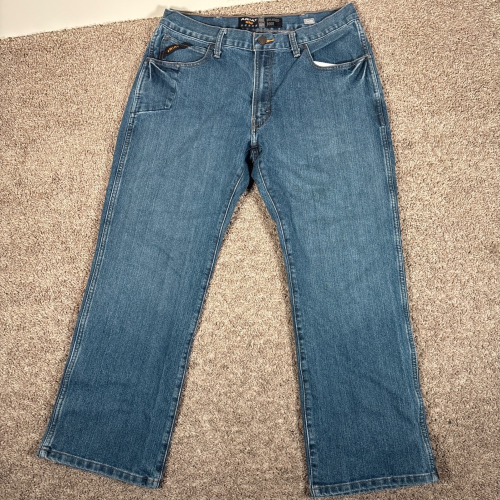 Ariat Rebar M4 Relaxed Boot Cut Jeans Mens 34x30 Medium Wash Blue Denim Workwear